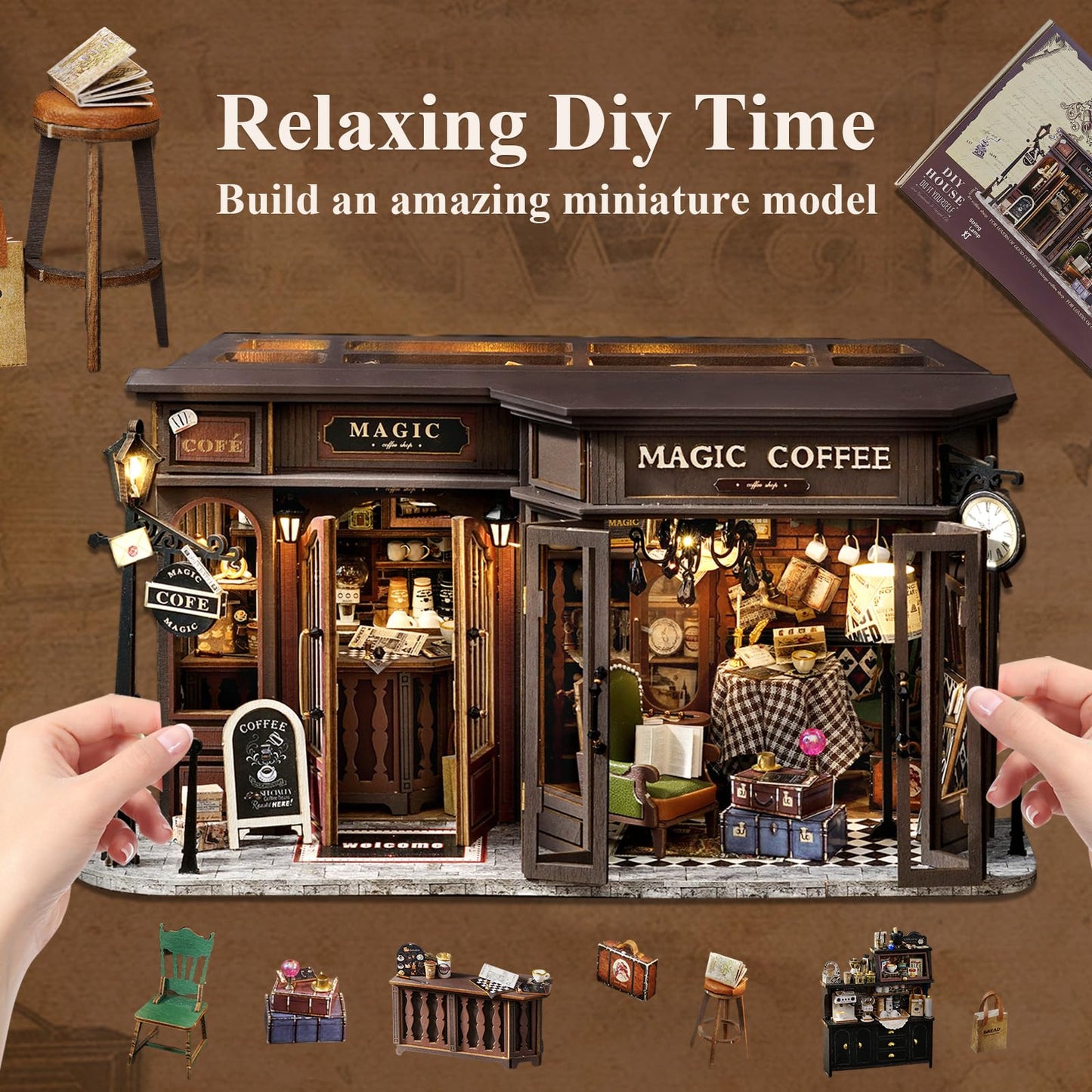 Fsolis DIY Miniature Dollhouse Kit for mature-themeds - Tiny House Mini Scene 3D Puzzles Gifts for Women Teenagers Craft Lovers (Magic Coffee)