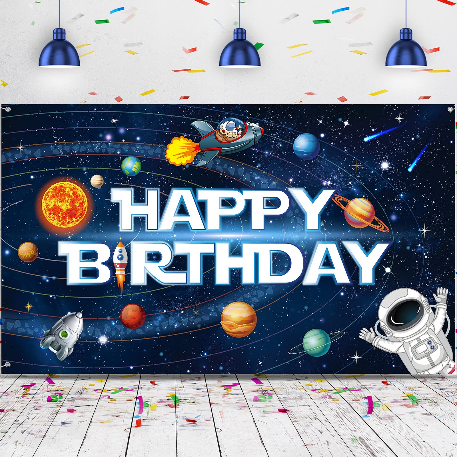 Sumind Space Happy Birthday Decorations Background Astronaut Rocket Backdrop Banner Solar System Planets Poster for Kids Boys Sp