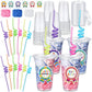 Qinyoung 24 Set Creative Happy Birthday Gifts from Teacher Students Birthday Cups with Lids Colorful Straws Stickers and Raffia 