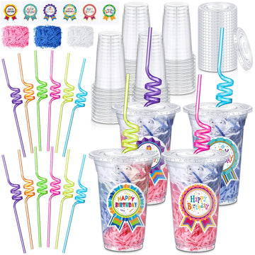 Qinyoung 24 Set Creative Happy Birthday Gifts from Teacher Students Birthday Cups with Lids Colorful Straws Stickers and Raffia 