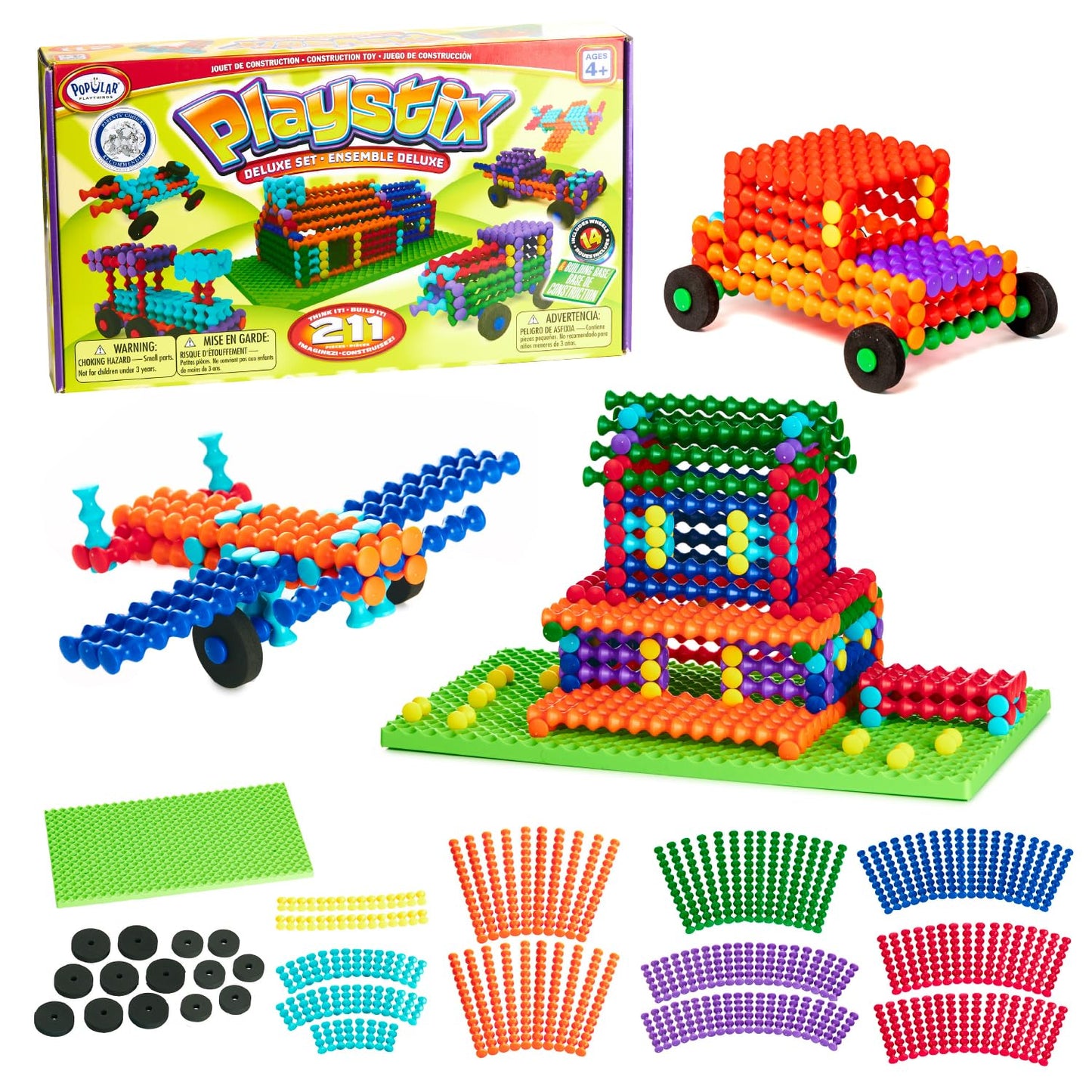 POPULAR PLAYTHINGS Playstix Construction Toy Set, 211 Pieces, STEM Kit, Multicolor, Model 90001, Plastic Building Blocks