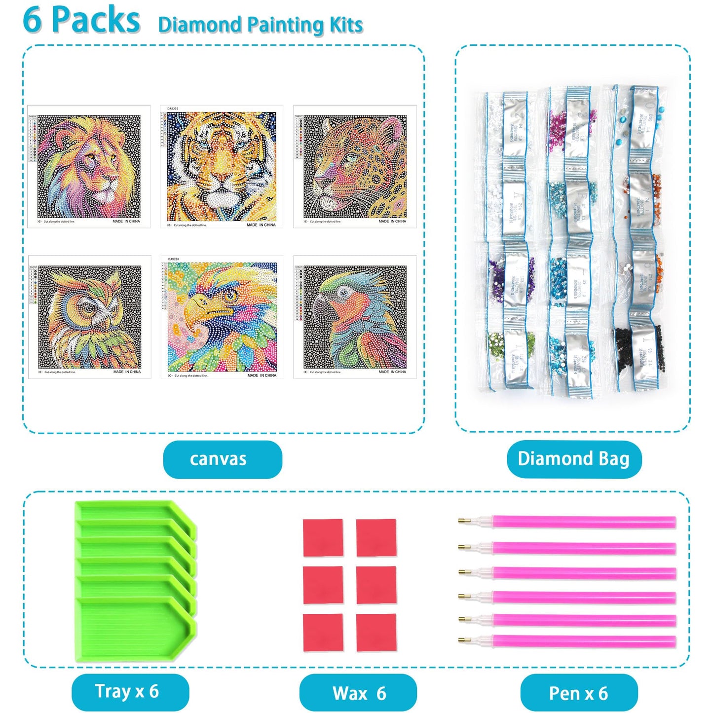 UiSdfuy Diamond Art Kit for Kids, Ages 8-12, 6-Pack Tiger 6 x 6 Gem Art Painting