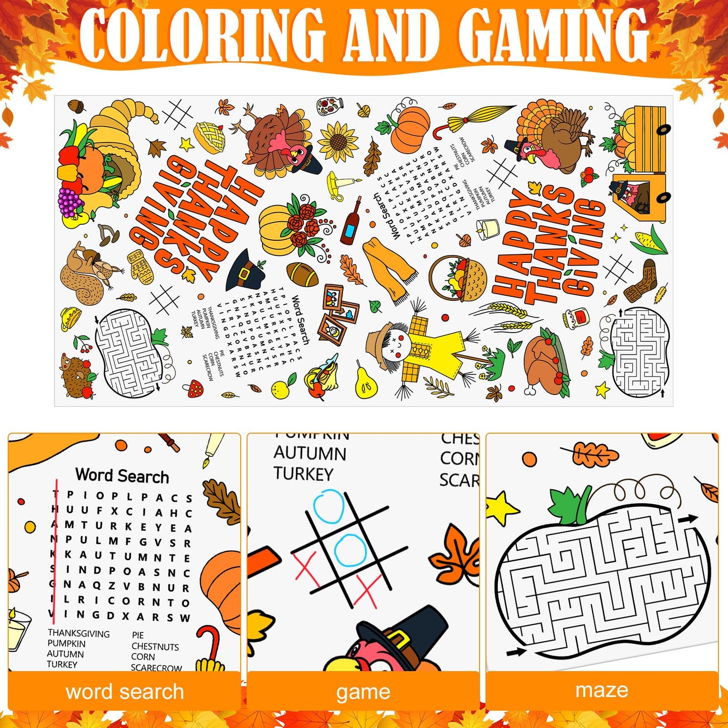Windkream 4 Pcs 108 x 54 Inch Kids Giant Happy Thanksgiving Coloring Tablecloth Disposable Jumbo Paper Tablecloth for Coloring B