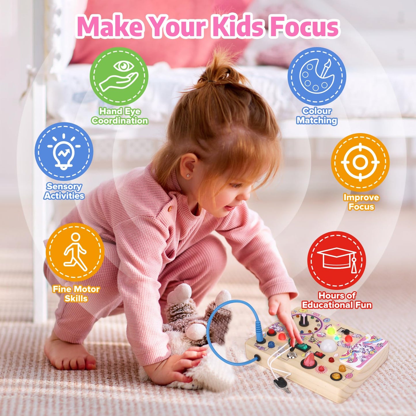 Wakeinsa Toddler Busy Board,Montessori Toys For 1-3 Years Old,Baby Sensory Board,Wooden Learning Toys,Christmas & Birthday Gift For Boys & Girls (Unicorn Busy Board V2)
