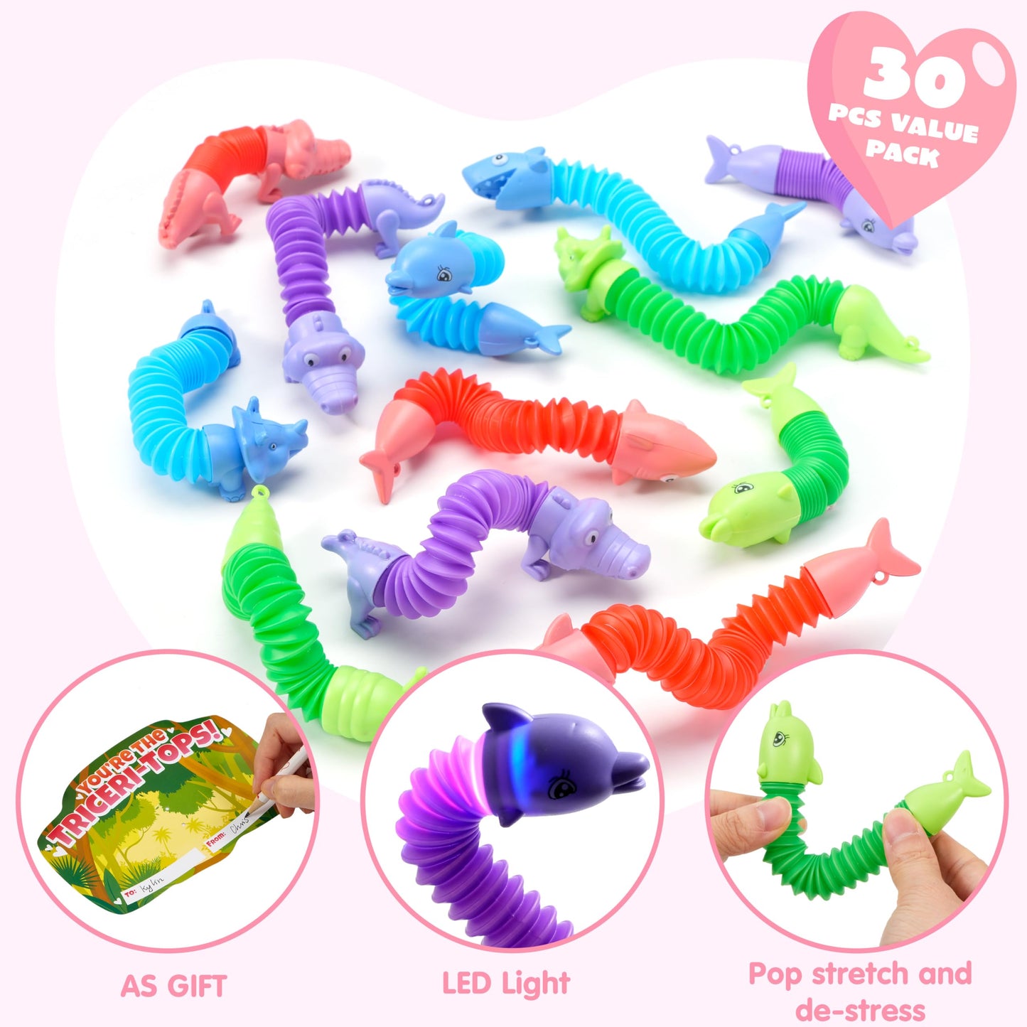 Joyin 30 Packs Valentines Day Led Animal Pop Tubes Fidget Toys, Stretchy Tube Stress Relief Fidget Toy For Kids Valentine'S Scho