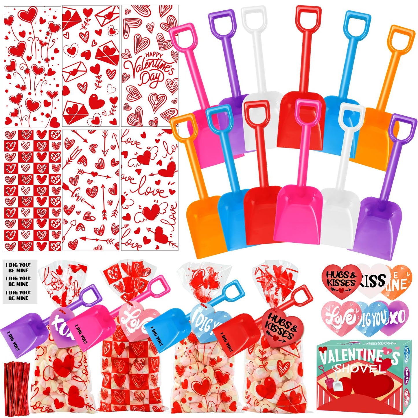 YUJUN 150 Pieces Valentine's Day Plastic Shovels for Kids I DIG You Sand Shovels Valentines Cards Cellophane Treat Candy Bags fo