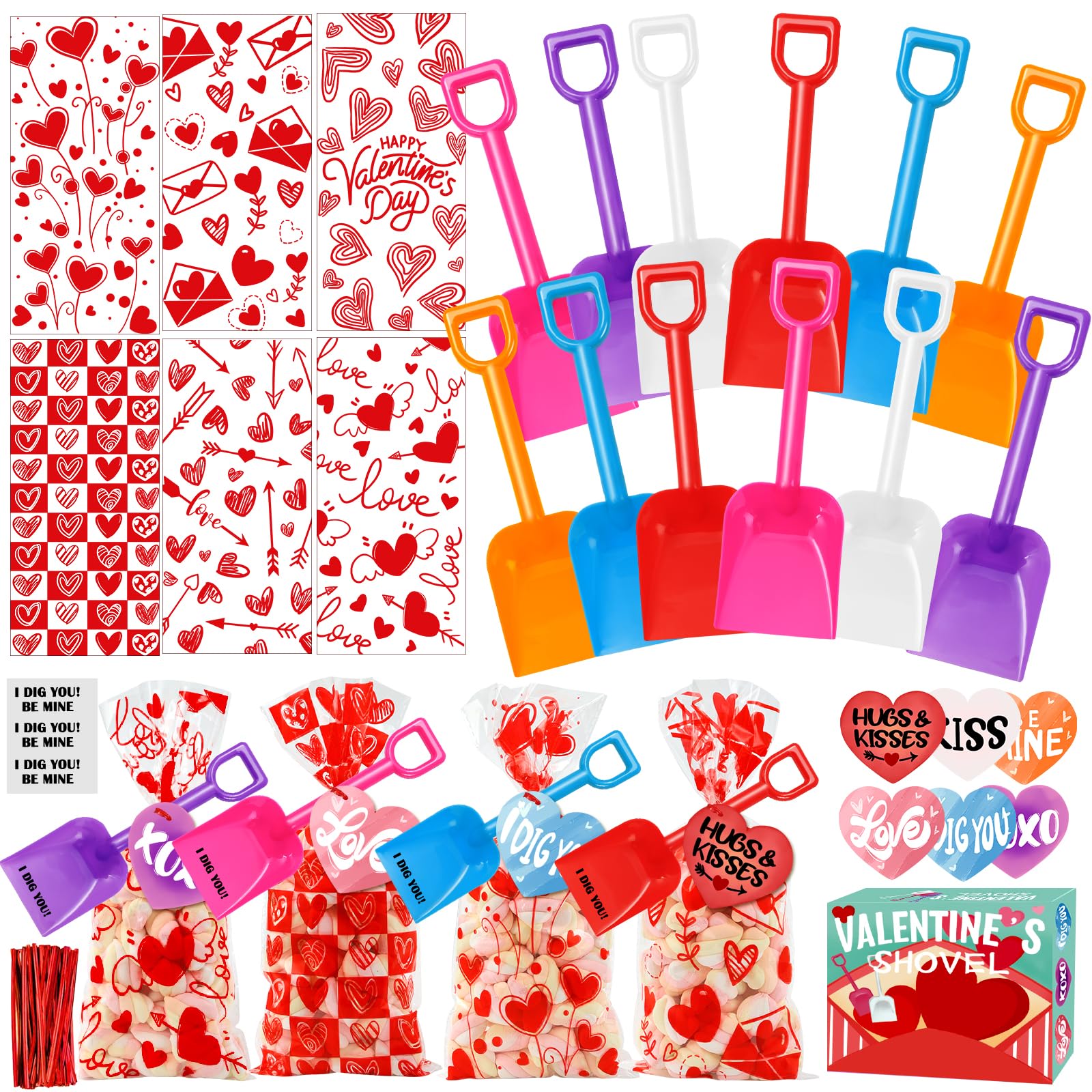 YUJUN 150 Pieces Valentine's Day Plastic Shovels for Kids I DIG You Sand Shovels Valentines Cards Cellophane Treat Candy Bags fo