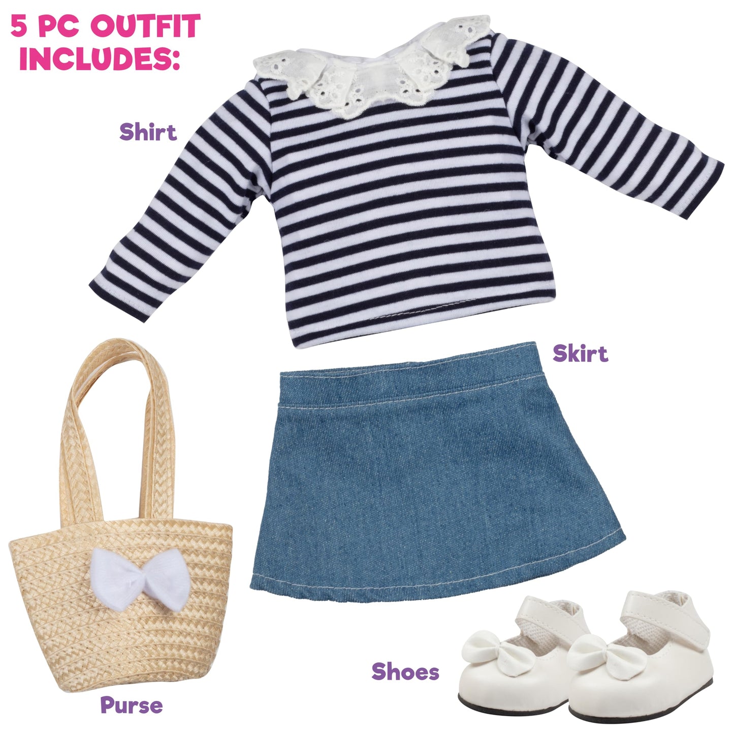 Dress Along Dolly Casual Back to School Day Doll Outfit for 18 Dolls - enhanced Handmade Clothes -4 Piece Clothes Set Costume Includes Shirt  Skirt  Shoes  & Purse  Gifts for Girls Kids Birthday