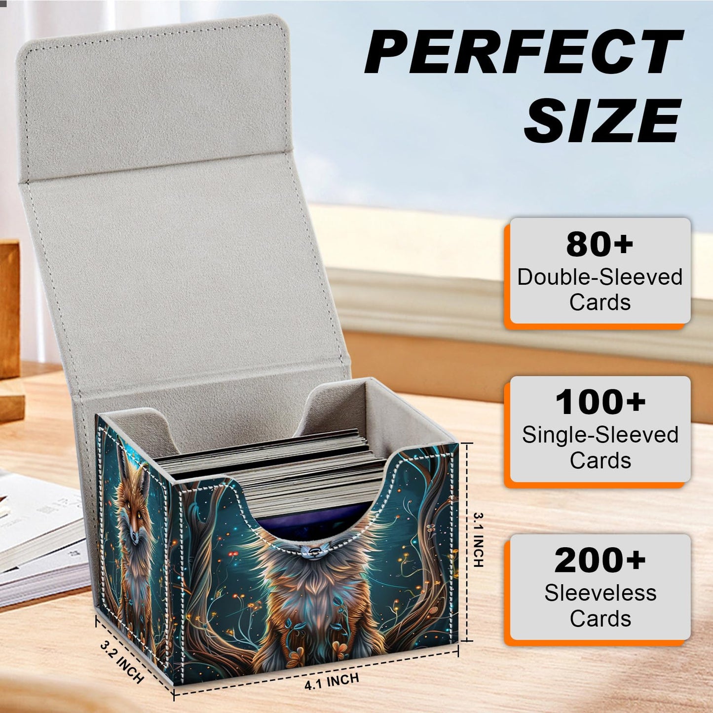 DEGDFSGR for TCG MTG Card Game Storage Box Organizer Trading Card Case Commander Deck Box Magnetic Closure Creative Pattern Up to 200 Cards  Blue Glow Fox
