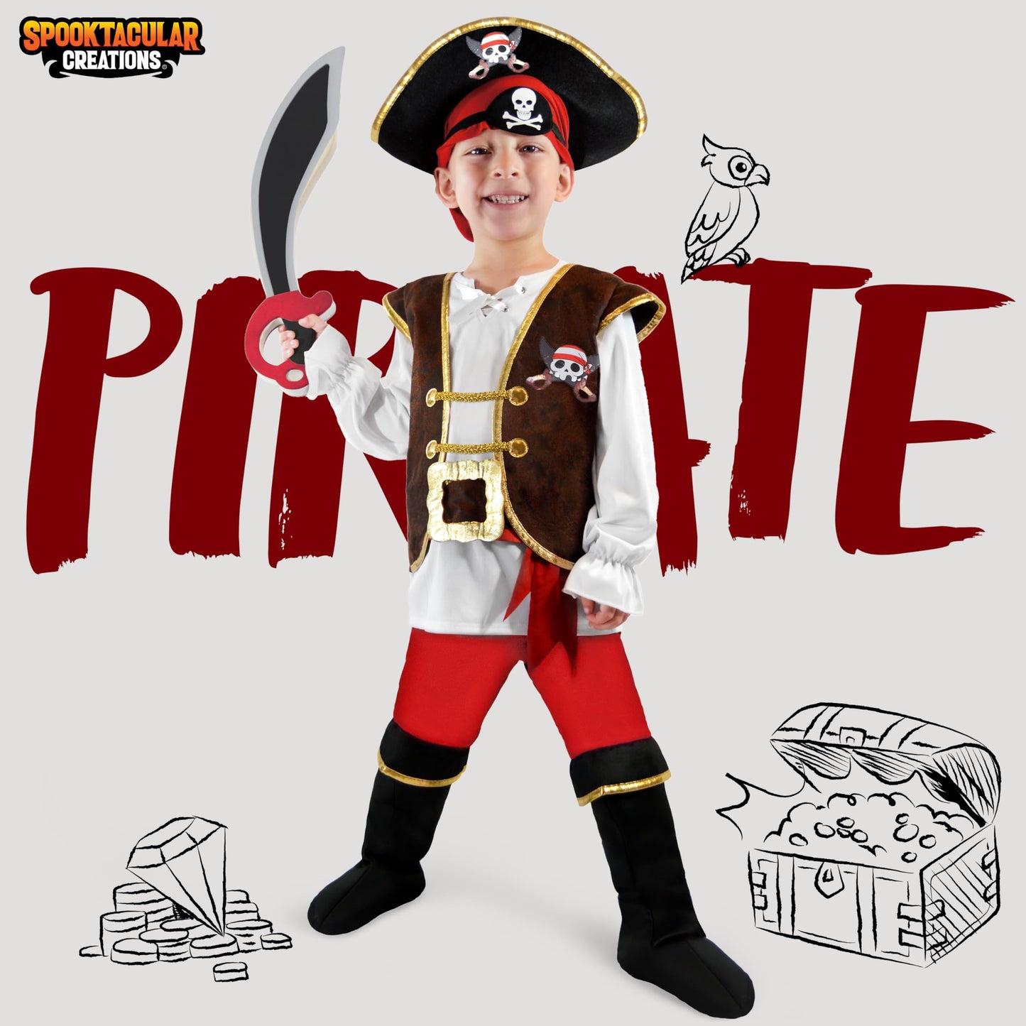 Spooktacular Creations Halloween Pirate Costume Kids  Red Boys Pirate Costume Deluxe Set with Accessories for Toddler Halloween DressUp  Themed Party (Medium  8-10 yrs)