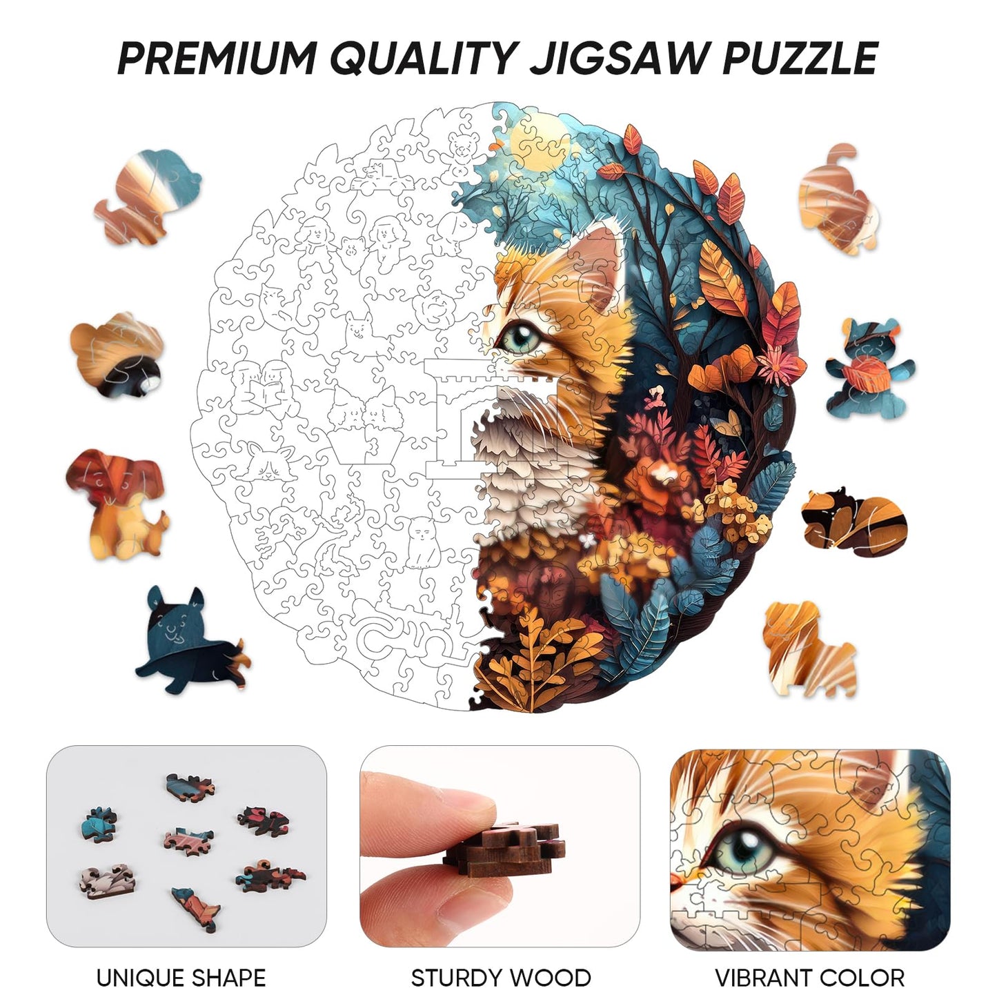 Wooden Puzzles For Mom - 3D Vision Effect Flower And Cat Wooden Puzzle 200 Pcs Unique Shape Advanced Jigsaw Puzzle, Wood Puzzles