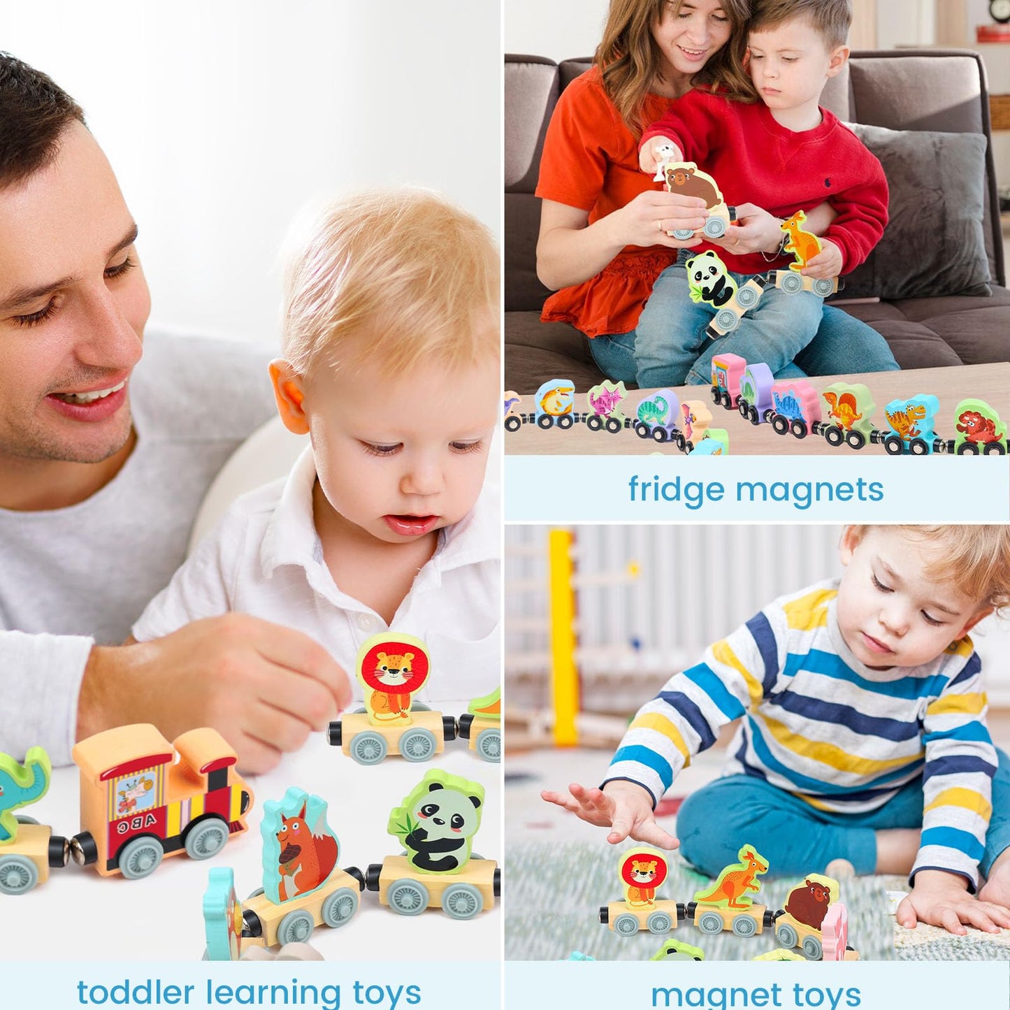 LovesTown Magnetic Train Set for Toddlers, Montessori Learning, Multi-Color, Medium Size, Wooden Cars with Animals