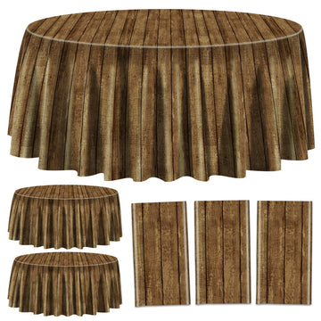 3 Pcs Wood Grain Tablecloths for Round Table Western Party Decorations Plastic Western Party Tablecover for Cowboy Party Decorat
