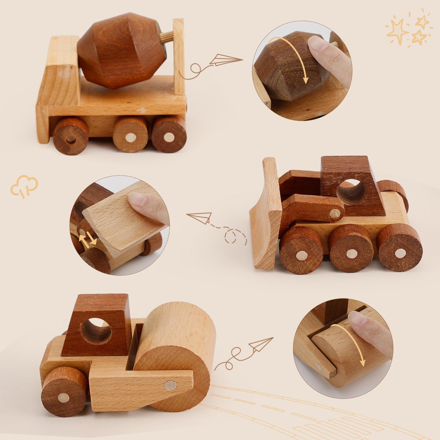 MONT PLEASANT Wooden Construction Vehicle Toy Set of 3  Toddler Montessori Toys Cement Truck Bulldozer Steam Roller Toy Car with Rolling Wheels  Kid Construction Toys Educational Gift for Boys & Girls
