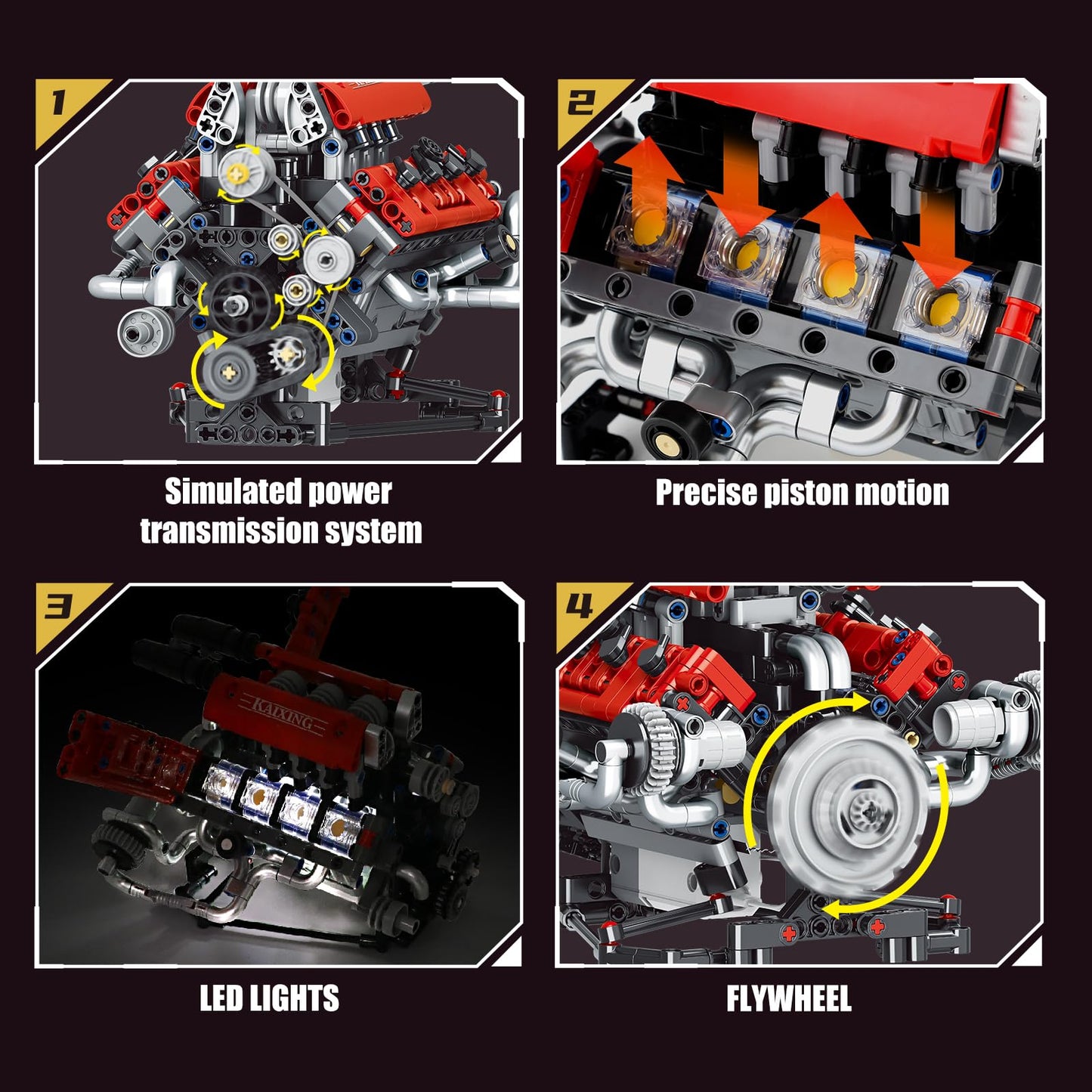 OWNONE 1 V8 Engine Model Kit - 8-Cylinder STEM Building Set, Large Red Plastic with Motor & LED Light, APP Control, 660 PCS