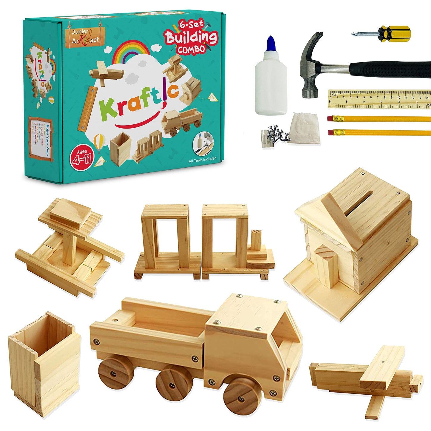 Kraftic Woodworking Building Kit for Kids and Adults, with 6 Educational Arts and Crafts DIY Carpentry Construction Wood Model K