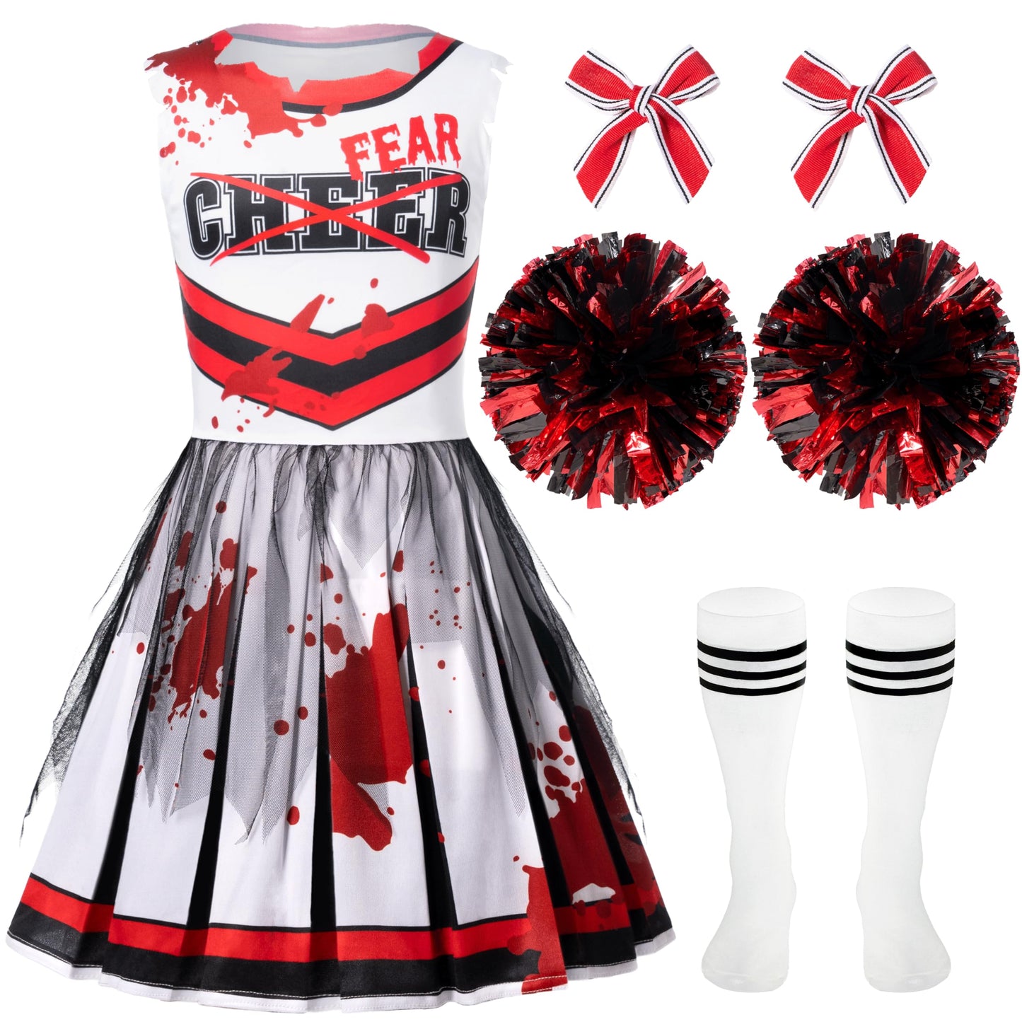 Spooktacular Creations Halloween Cheerleader Costume For Girls, Kids Zombie Cheerleader Outfit, Dead Fearleader Dress For Halloween Scary Costume Role Play Parties, Red White, L