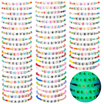 Ecation 96 Pcs Beaded Friendship Bracelets Bulk Colorful Glow in the Dark Bracelets Inspired Letter Bracelets Y2k Stretchy Prepp