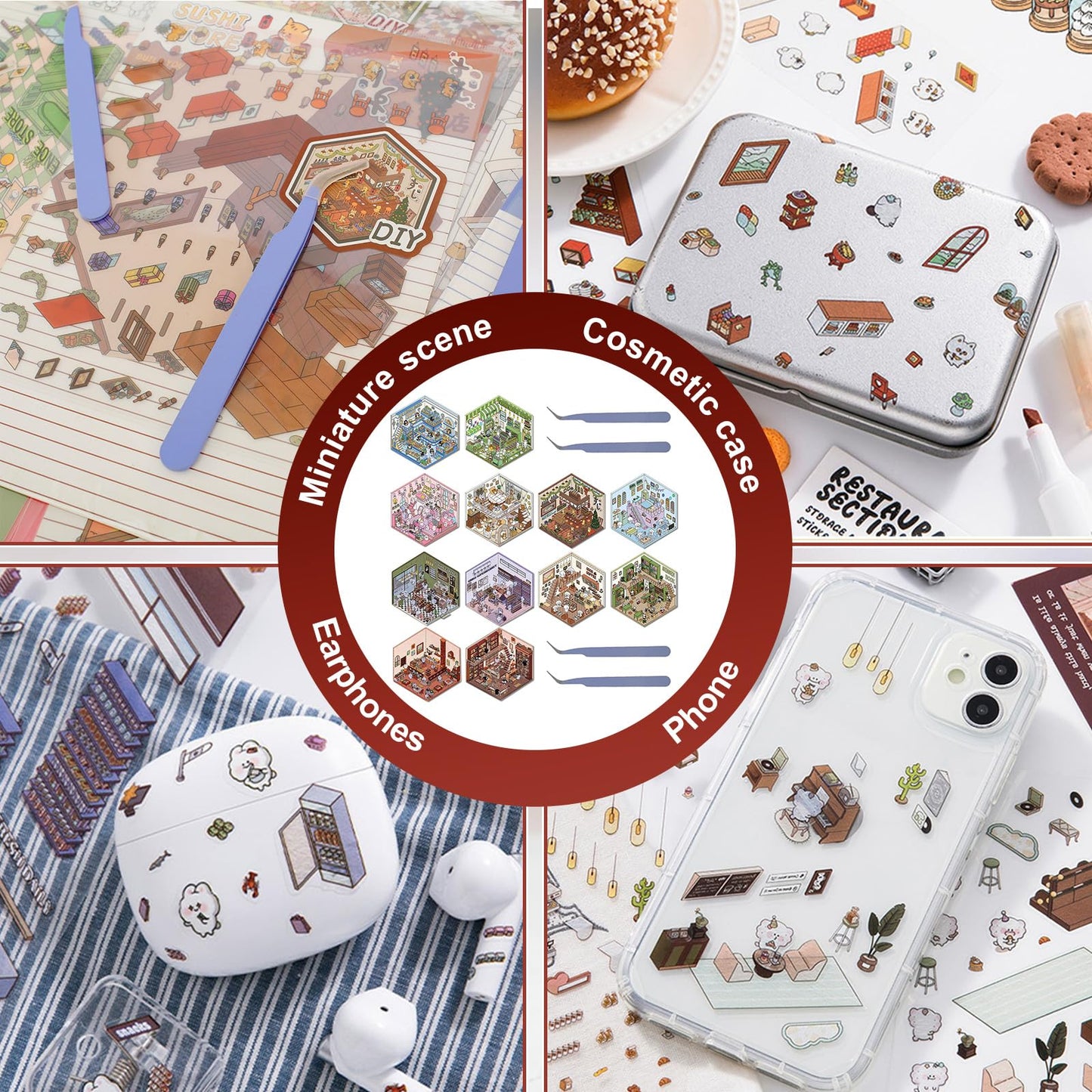 12 Set DIY 3D House Scene Stickers, Fun DIY 3D Sticker Scene Make Your Own Mini Room Coffee Shop Supermarket,Cute Cartoon Miniat