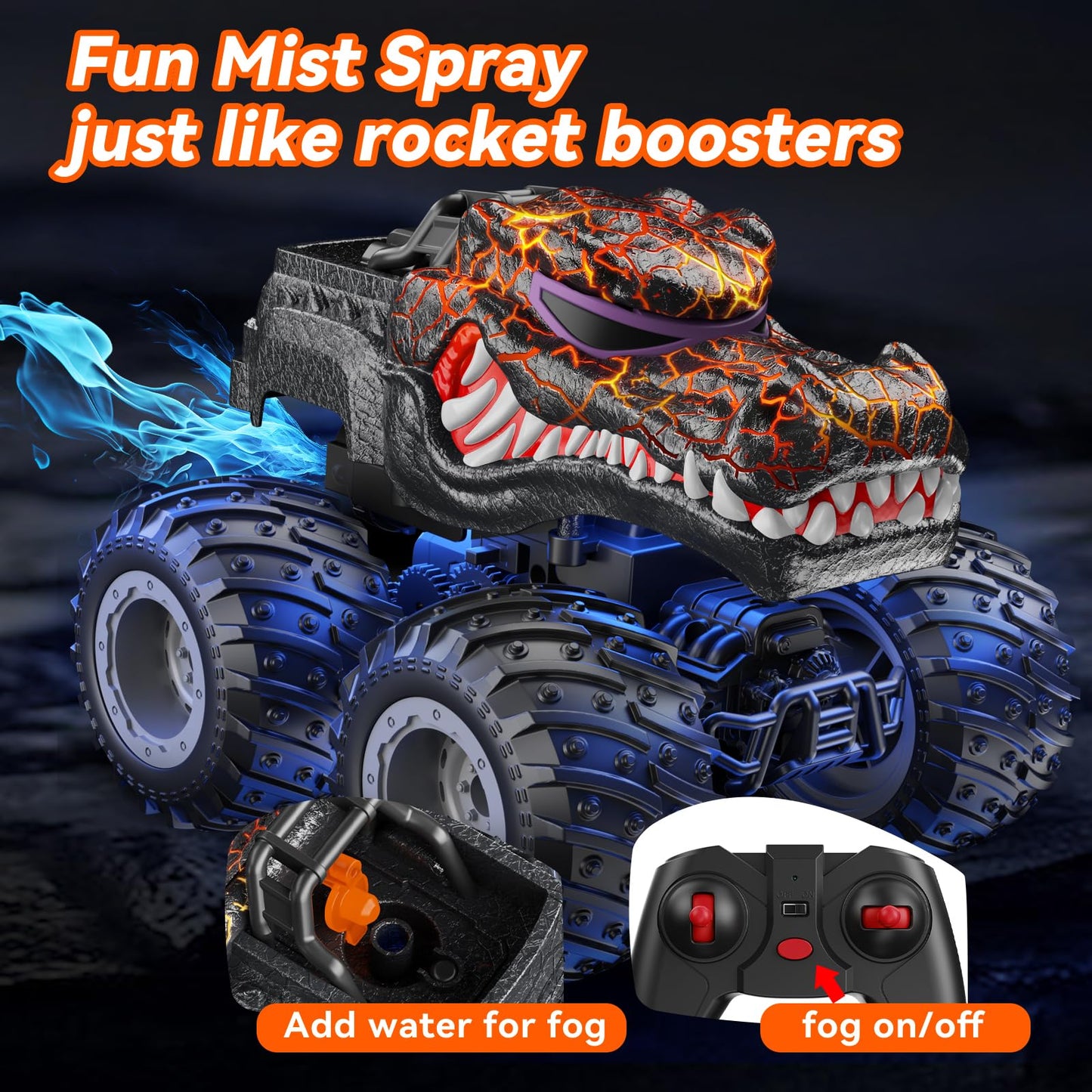 AUUGUU Remote Control Monster Truck, 2.4GHz All Terrain, Light Spray, 5.7" Crocodile, Plastic, RC-Truck-EY, Kids Toy 3+