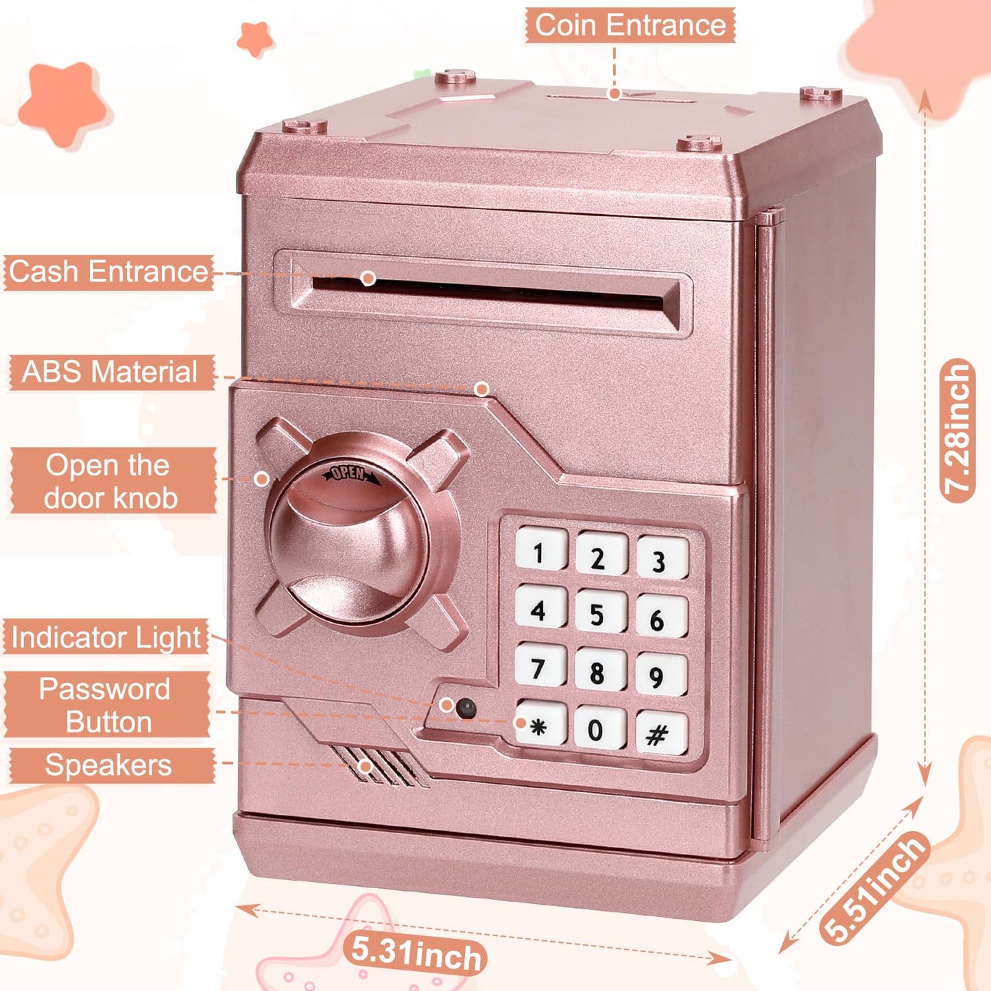Renvdsa Cartoon Electronic Atm Password Piggy Bank Cash Coin Can Auto Scroll Paper Money Saving Box Gift For Kids (Rose Gold)