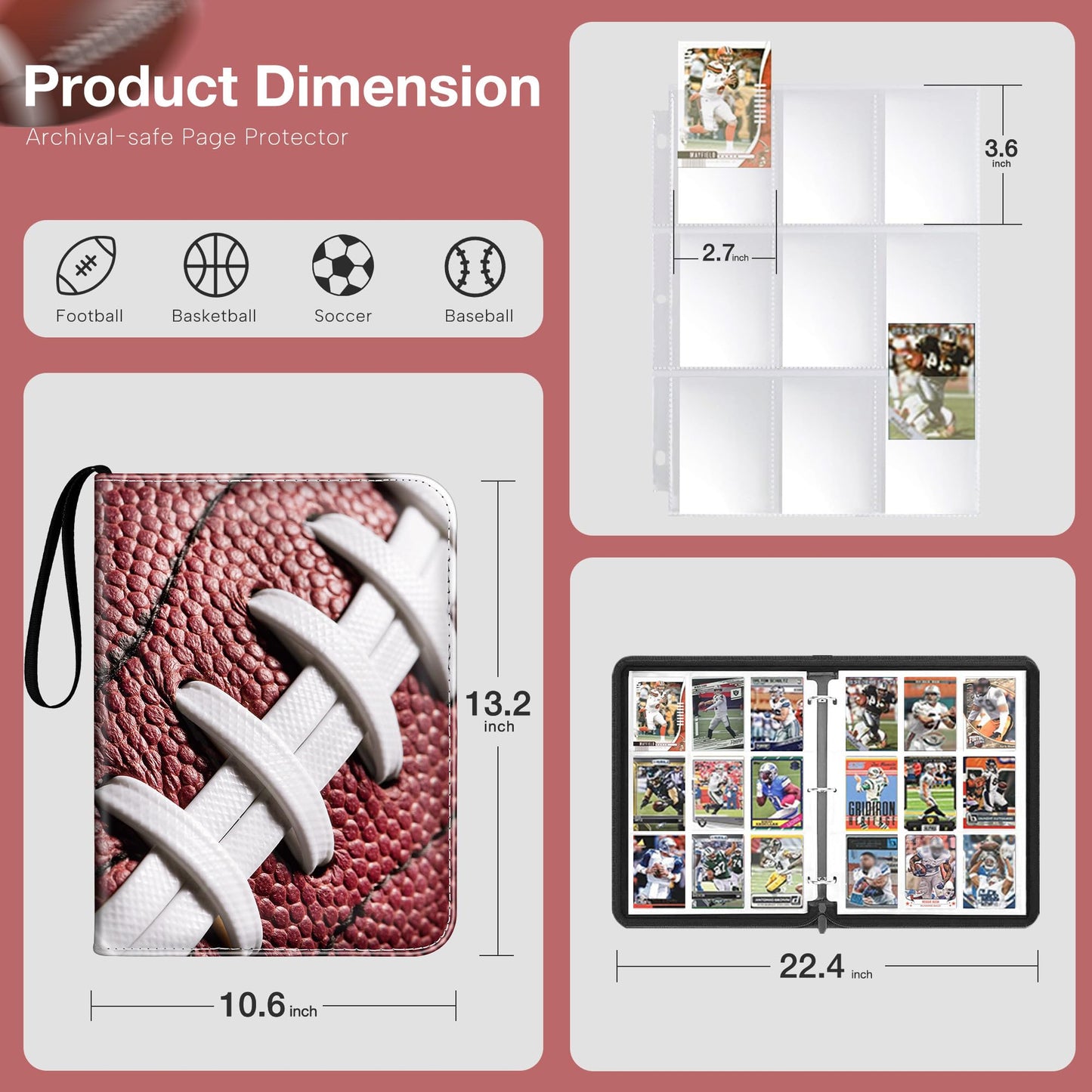 Lalasu Football Card Binder, 2024-2025 Football Trading Cards Binder with Wristband,990 Double Sided Pockets Sleeves PU Card Alb