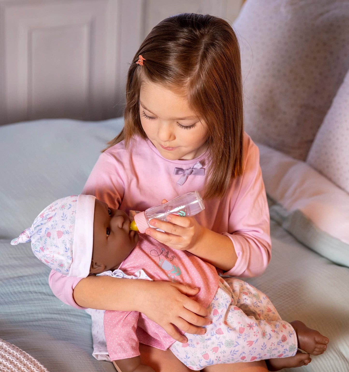 Jc Toys La Baby African American 20-Inch Small Soft Body Baby Doll La Baby | Washable |Removable Pink Floral W/Hat, Pacifier & Magic Bottle | For Children 12 Months +