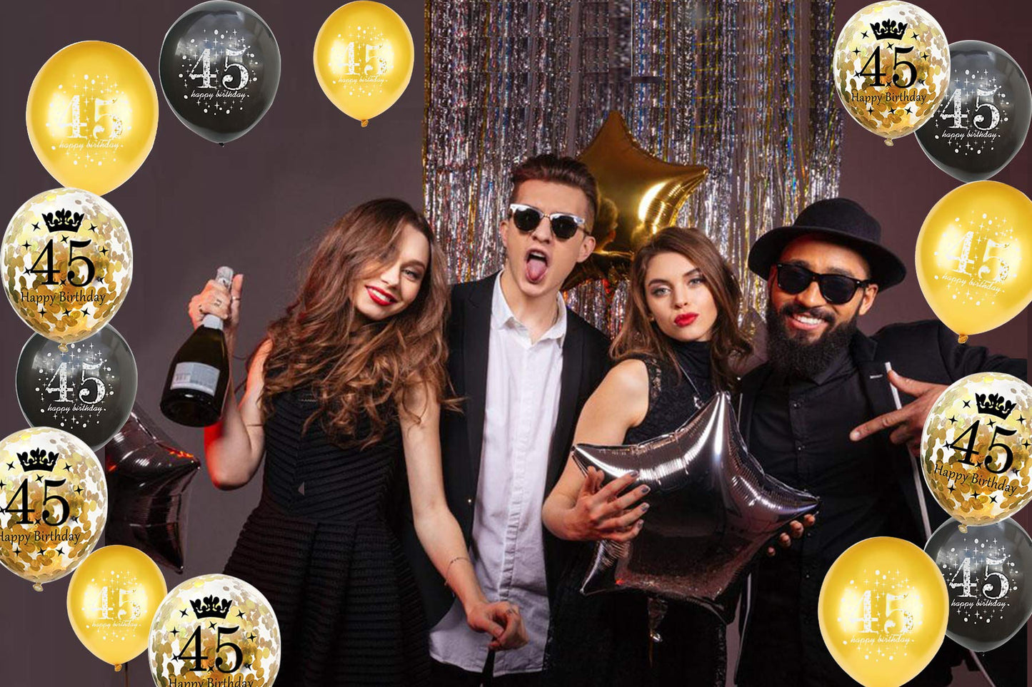 Jonhamwelbor 45Th Birthday Balloons 45 Years Black Gold Latex Confetti Printed Number Balloons For Men Women Birthday Party Deco