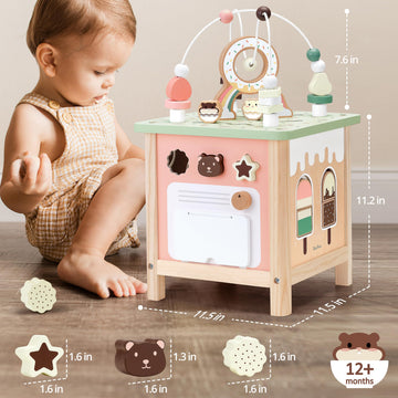 PairPear Wooden Activity Cube - Montessori Toys for Toddlers, Multifunctional Play Center, Early Educational Development, Model U15022
