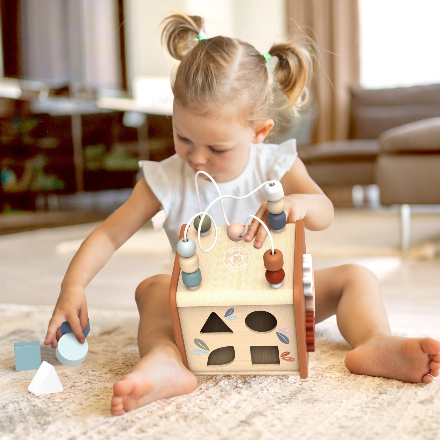 Speedy Monkey 5-in-1 Activity Cube, Educational Wooden Toy with Bead Maze, Shape Sorter, Gears, Puzzle & More, Develops Social,