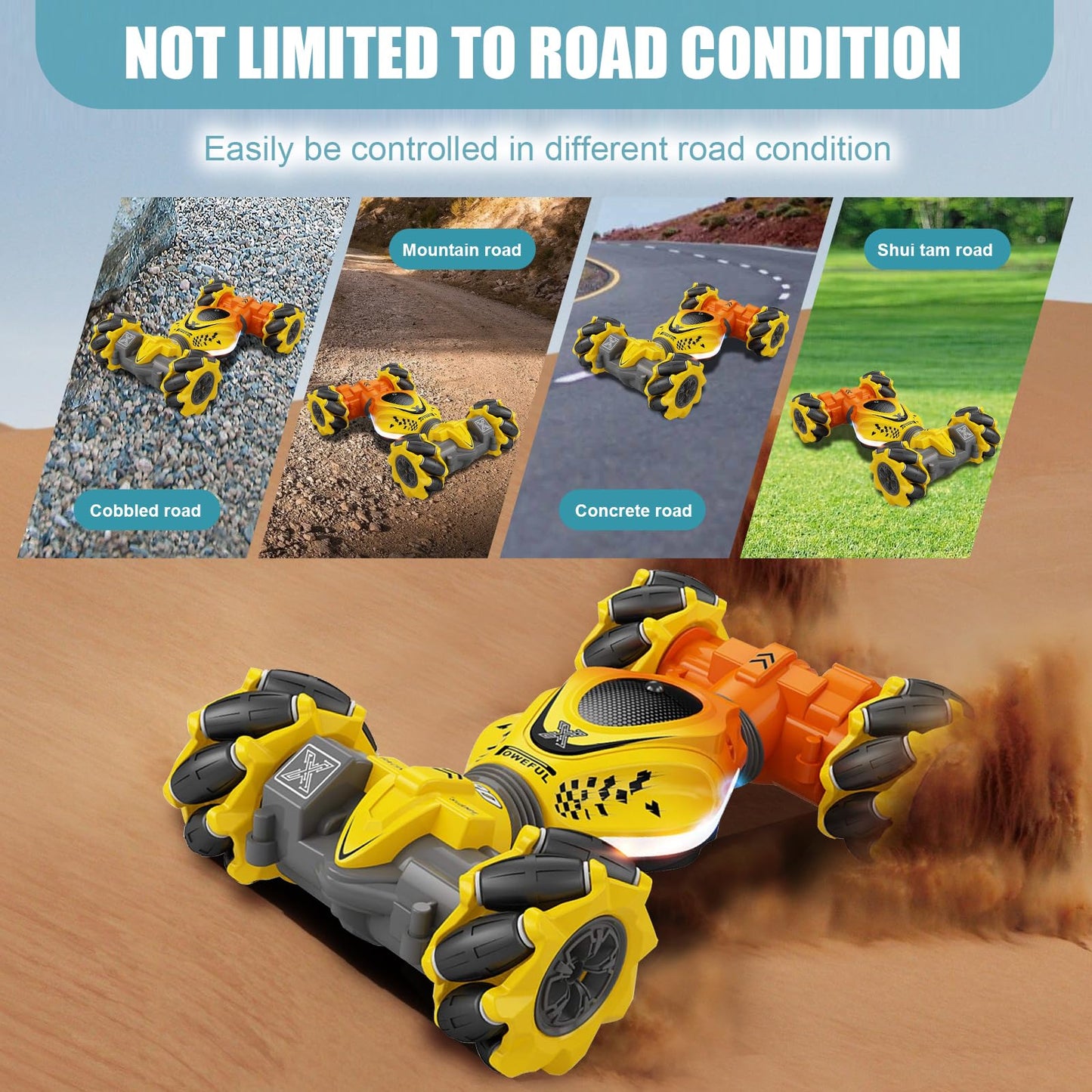 TIOYOTY RC Stunt Car, 2.4Ghz Remote Control Sensor 4WD Offroad Car, High Speed Drift 360 Rotating Twist Toy Car with Music Light