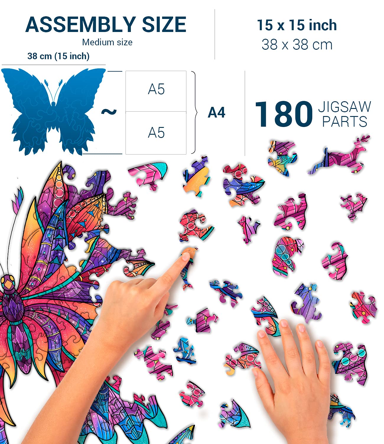 Hodslen Woods - Animal Wooden Jigsaw Puzzles for Kids (12+ Years) mature-themed  Teens  Family; Majestic Animal Shaped Natural Wood Puzzle  Medium Level 15x15 in. (38x38 cm) 180 pcs  XL - Size - Butterfly
