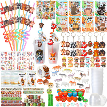 Poen 212 Pcs Woodland Party Favors Set Include Cup Straw Stamp Clap Bracelet Keychain Ring Puzzle Sticker Animal Miniature Card 