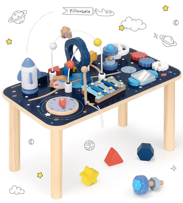 Pillowhale Wooden Activity Table, 8 In 1 Baby Activity Cubes For Kids, Toddler Sensory Table, Baby Standing Activity Center, Play Table With Stacking Toys, Bead Maze & Gears For 1 Year Old Boys Girls