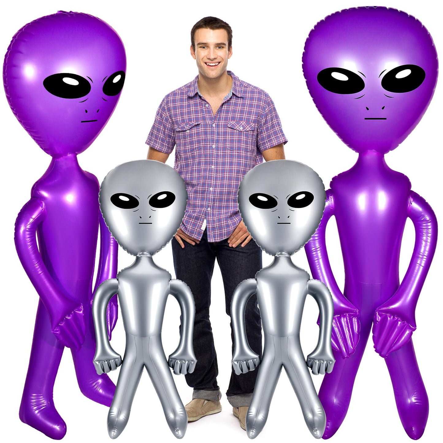 Zhanmai 4Pcs 35/63 Inch Inflatable Alien Balloons, Pvc Silver, Purple, For Party Decorations, Halloween, Birthday, Christmas, Unisex