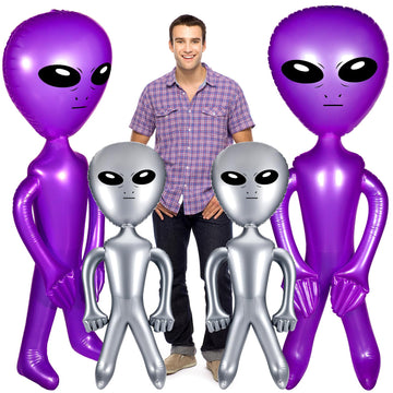 Zhanmai 4Pcs 35/63 Inch Inflatable Alien Balloons, Pvc Silver, Purple, For Party Decorations, Halloween, Birthday, Christmas, Unisex