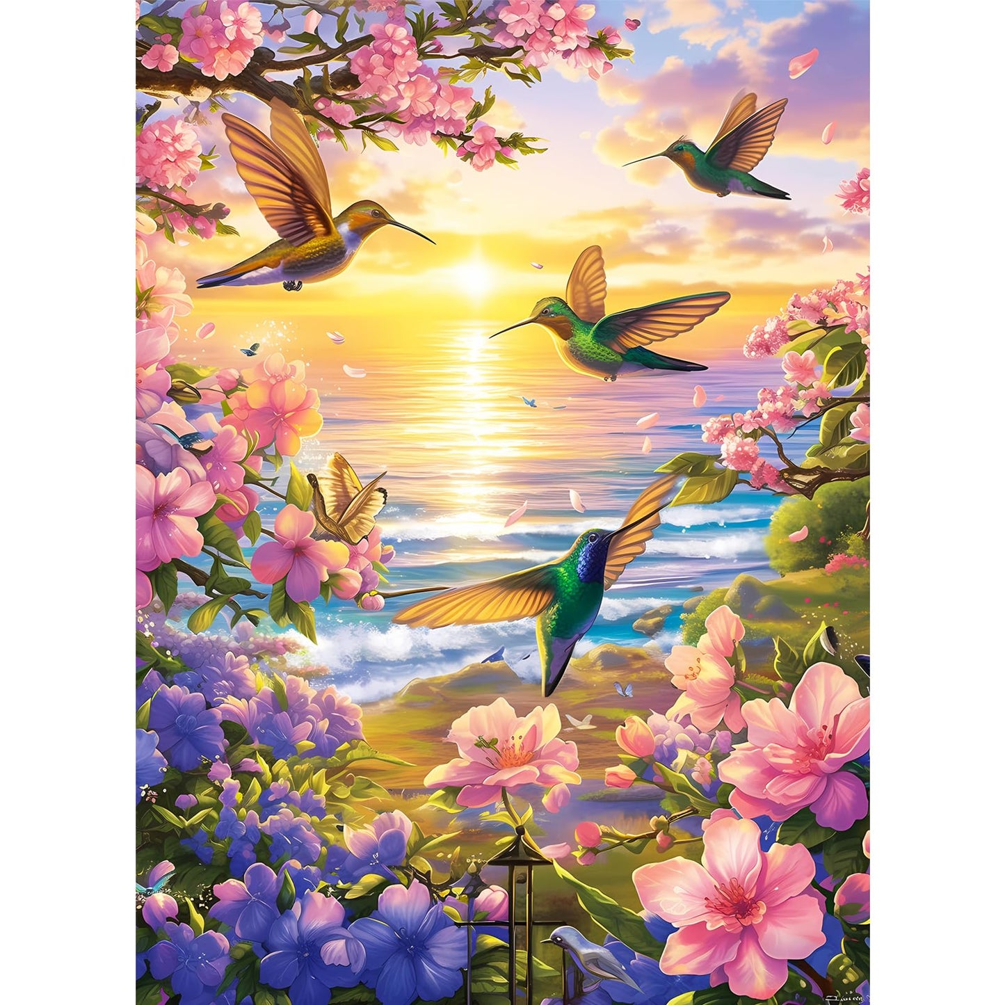 300 Pieces Puzzles for mature-themed Jigsaw Puzzle 300 Piece Puzzle Children Elderly Puzzle Hummingbird Beach Flower Puzzle Gift for Mom Dad Family Friend Family Activity Games Home Decor Wall Art 20.5x15IN