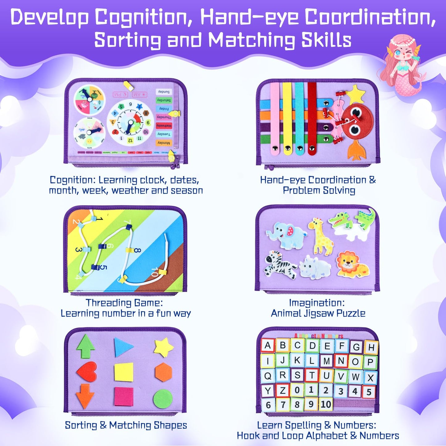 Esjay Toddler Busy Board Montessori Toys for Girls, Sensory Board Educational Activities Learning Fine Motor Skills, Birthday Gi