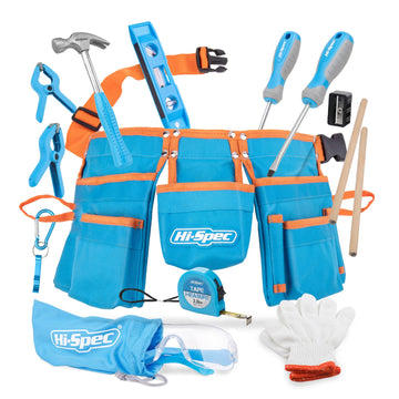 Hi-Spec 16pc Blue Kids Tool Kit Set & Child Size Tool Belt. Real Metal Hand Tools for DIY Building, Woodwork & Construction Lear