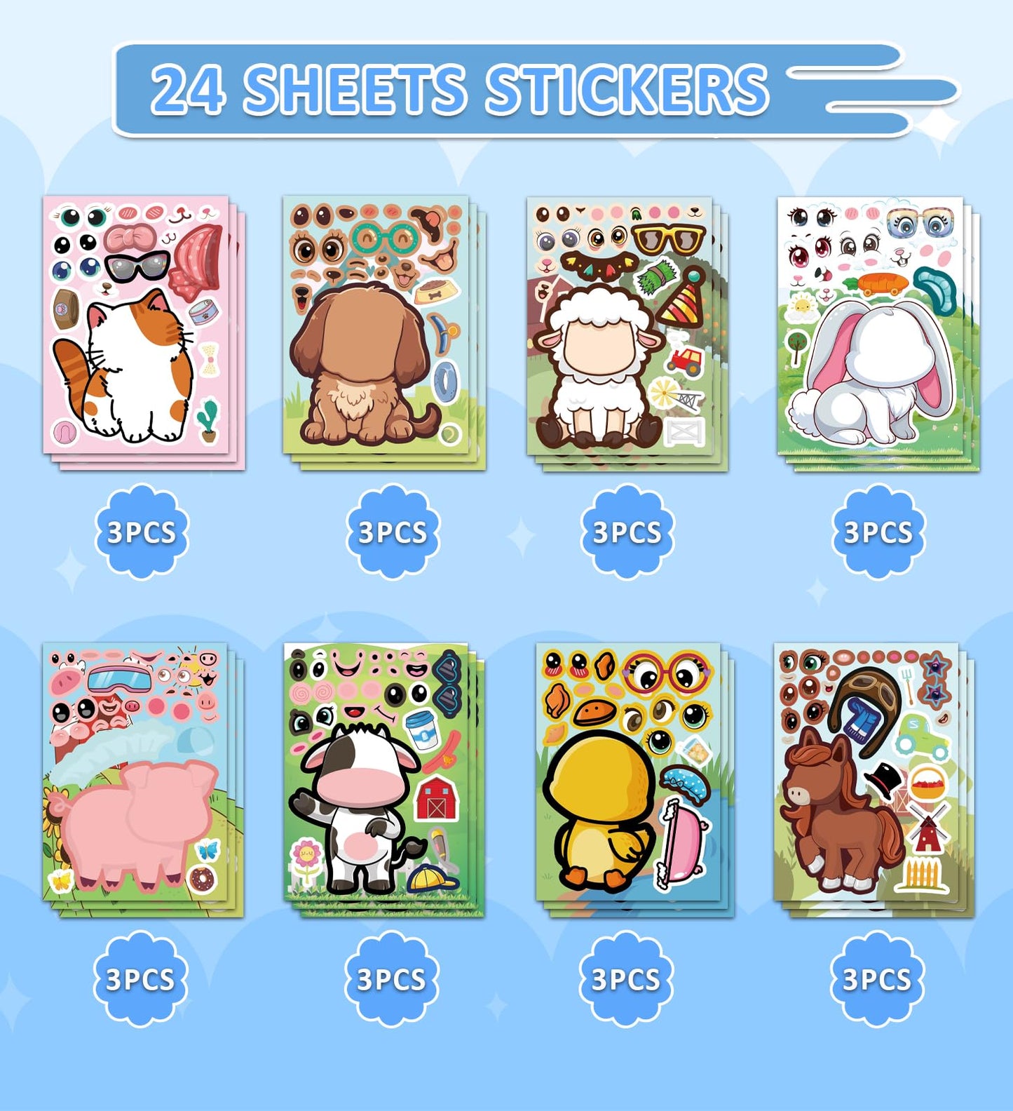 HSHFAMIIY 24 PCS Make a Animal Face Stickers - Stickers for Kids Party Favors Goodie Bags Stuffers Crafts Activities Gifts for K