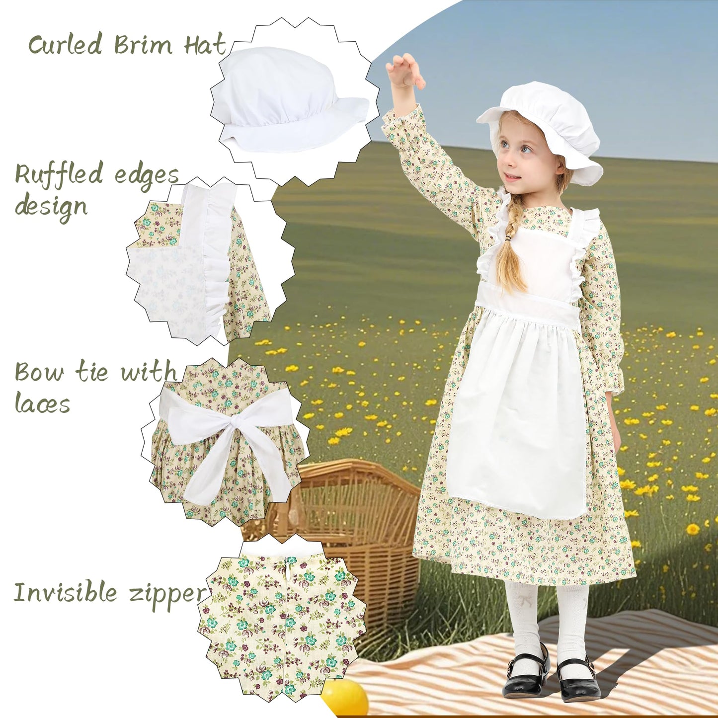 Lingway Toys Girls Pioneer Costume,Floral Colonial Prairie Dress for Girls with Apron and Bonnet 8-10