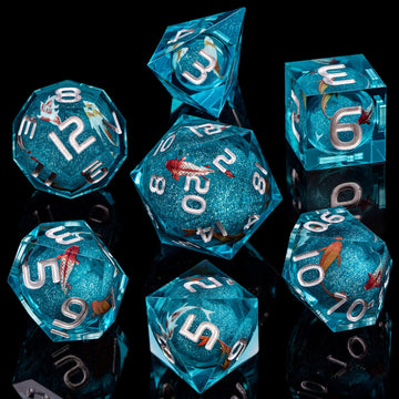 ARUOHHA Liquid Core DND Dice Set, 7pcs Resin Sharp Edged Dice for Dungeons and Dragons, Handmade RPG Dice, Koi Fish Ocean Themed