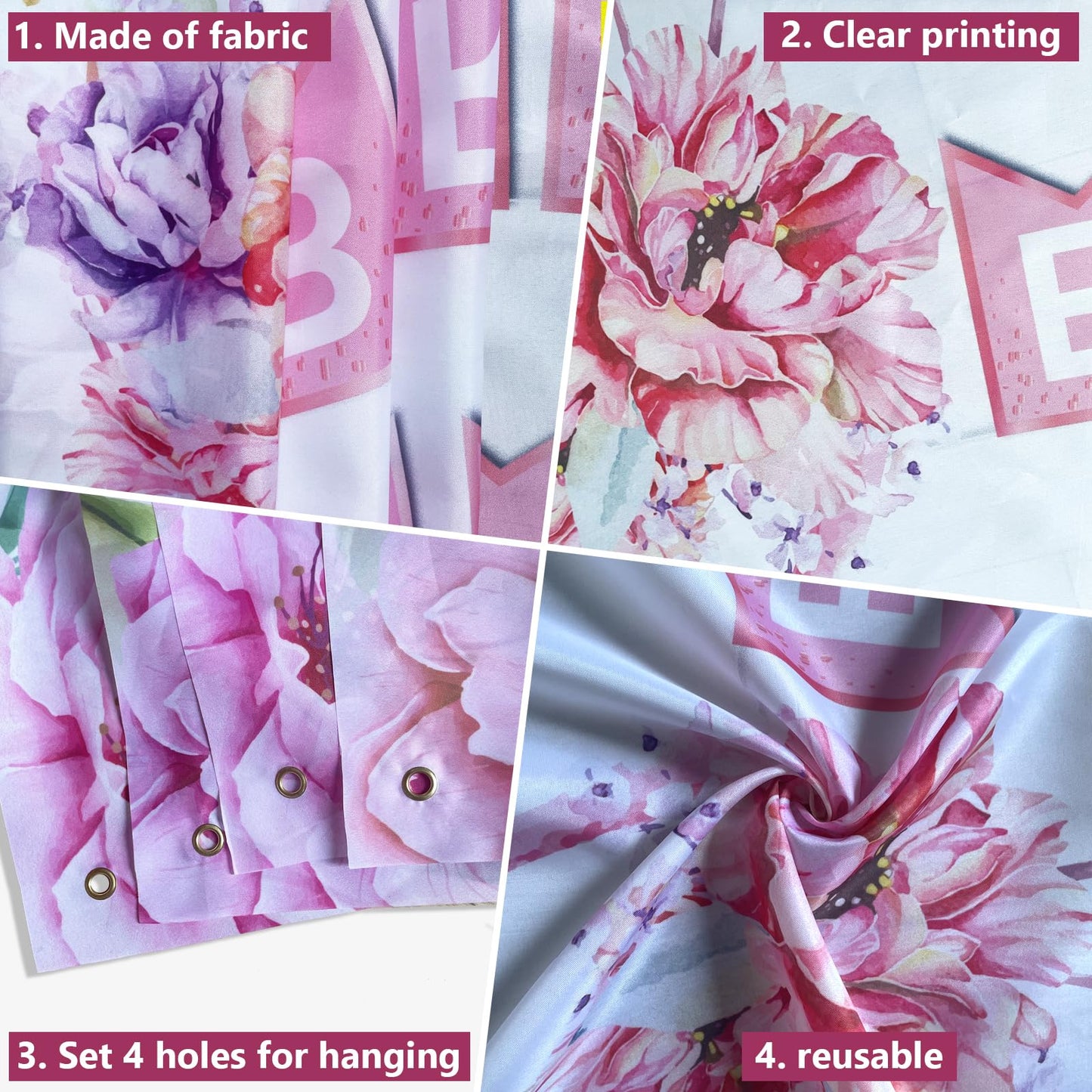 Pink Happy Birthday Backdrop, Rose Flowers Birthday Photography Backdrop, Floral Birthday Banner Birthday Party Flower Backdrop