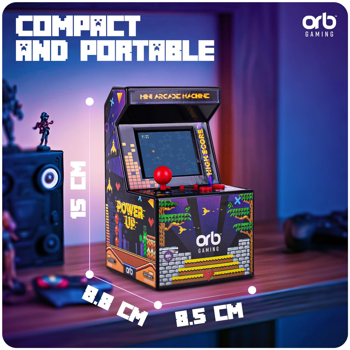 Thumbs Up Orb Mini Arcade Machine - 300 Retro Games, 2.5" Color Screen, 3.54"x3.34"x5.9", Plastic, Model: OR-RET