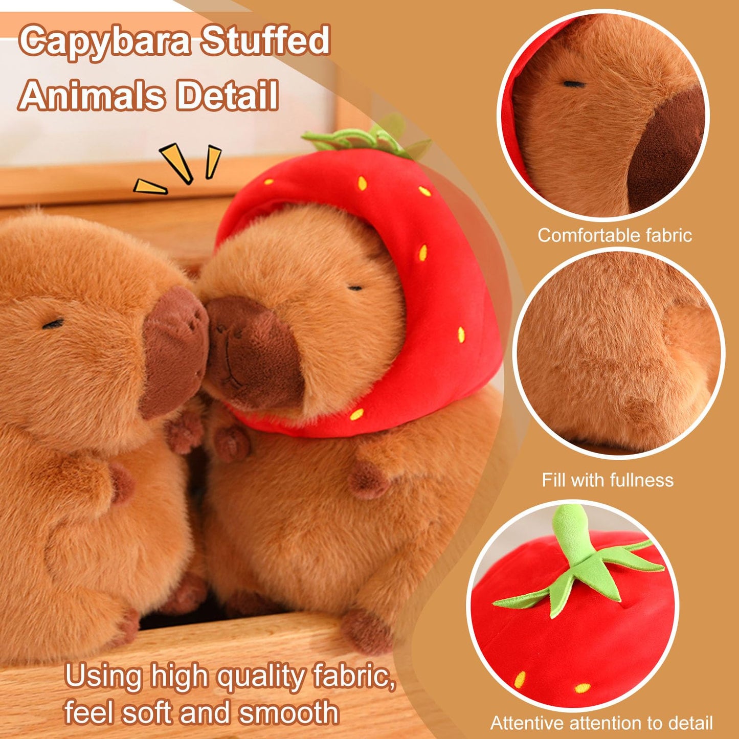 WAKSUN Capybara Plush Toy - Cute Strawberry Hat Design, Soft Plush Fabric, Ideal for Kids, Model YF02, Nature Color