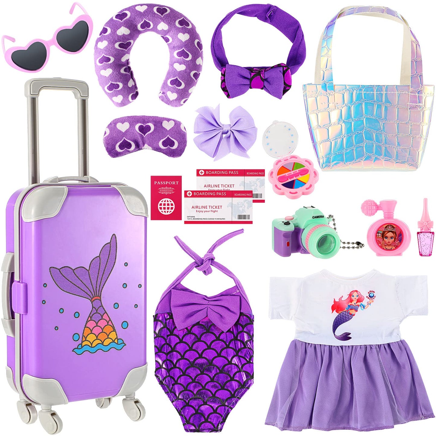 Travel Luggage Play Set For 18 Inch Doll Accessories And Furniture Doll Luggage Seat With Mermaid Doll Clothes Sunglasses Camera