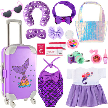 Travel Luggage Play Set For 18 Inch Doll Accessories And Furniture Doll Luggage Seat With Mermaid Doll Clothes Sunglasses Camera