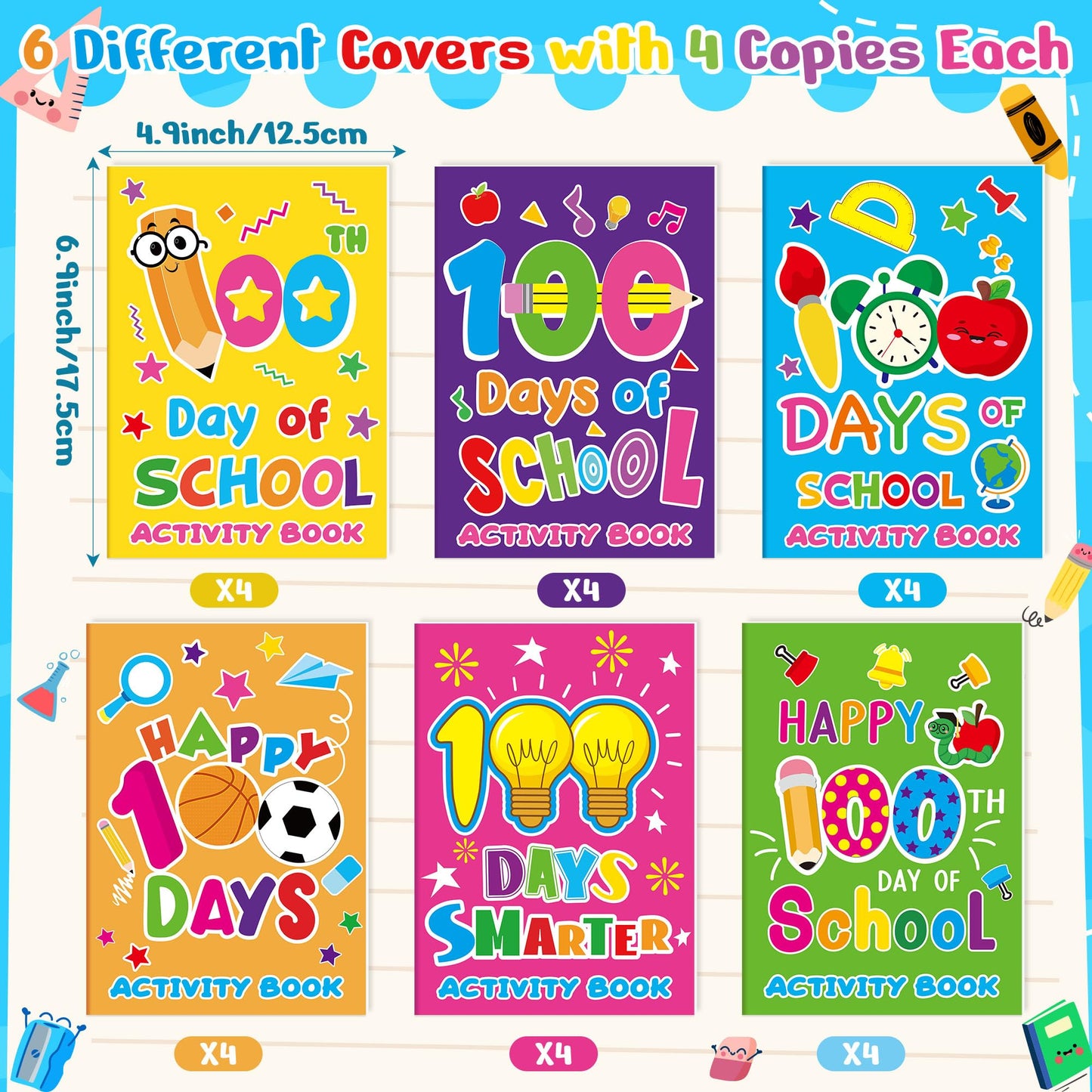 X1zuue 100th Day of School Activity Books - 24Pcs Coloring Set, Mazes, Word Games, Multicolor, Paper, Classroom Rewards, Party Favors