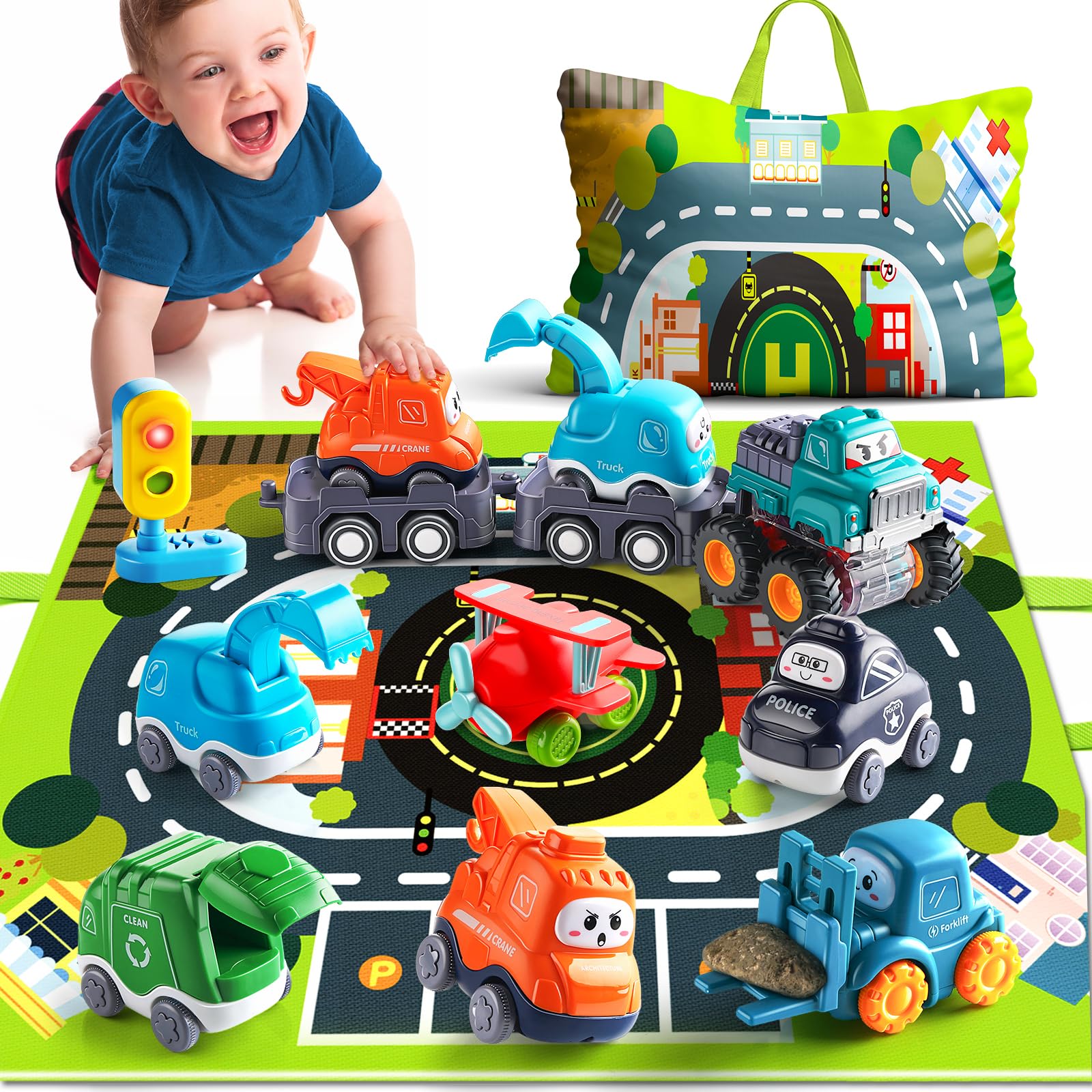 Construction Vehicle Car Toys for 1 Year Old Boy with Playmat/Storage Bag|Baby Toys 12-18 Months with Trailor|Toddler Toys Age 1
