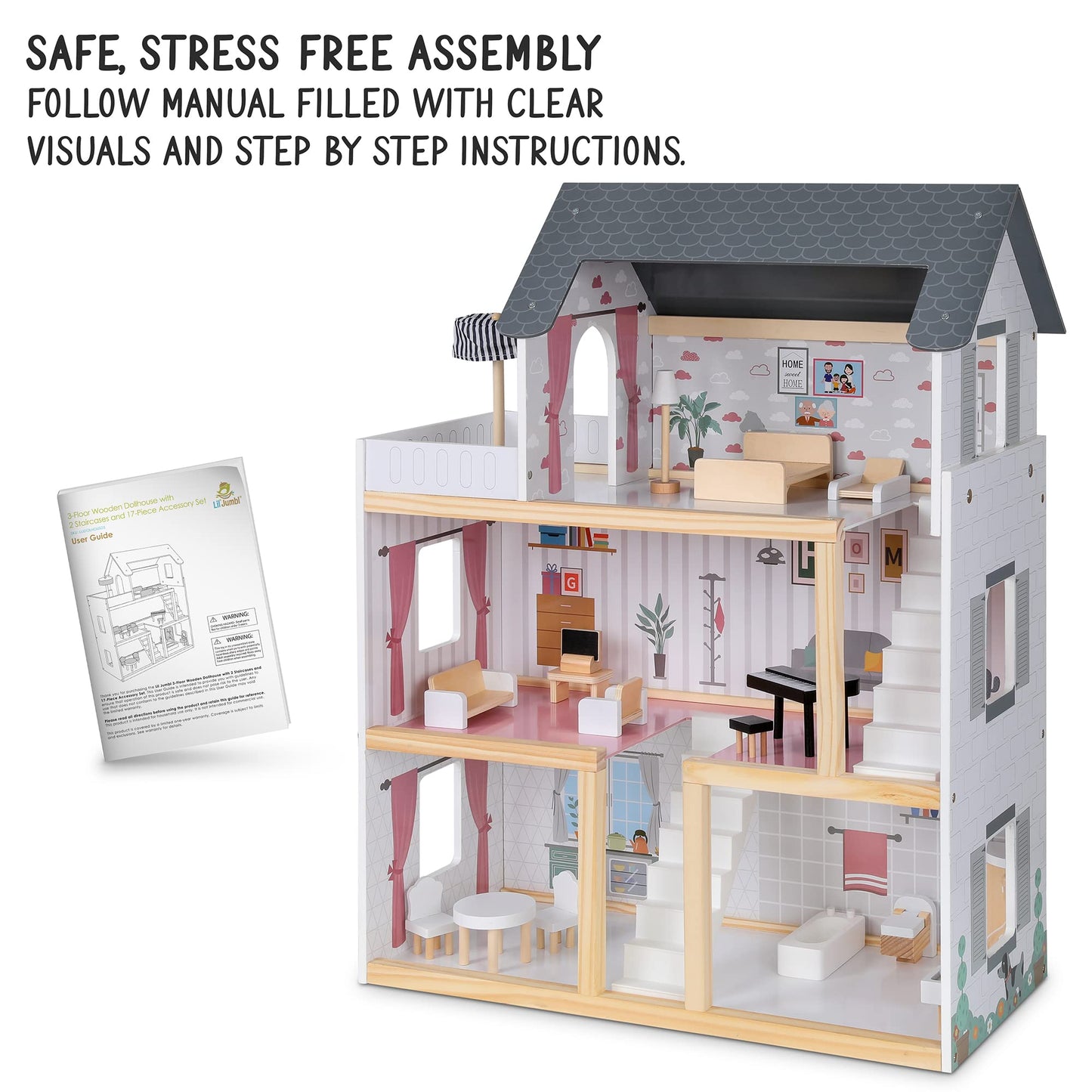 Lil' Jumbl Jumbl Kids Wooden Dollhouse, 17-Piece Accessories & Furniture Are Included, With Balcony & Stairs, 3 Story Easy To As